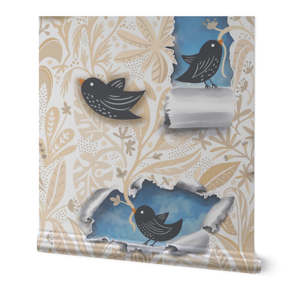 surreal bird break through taupe wallpaper scale