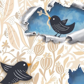 surreal bird break through taupe wallpaper scale