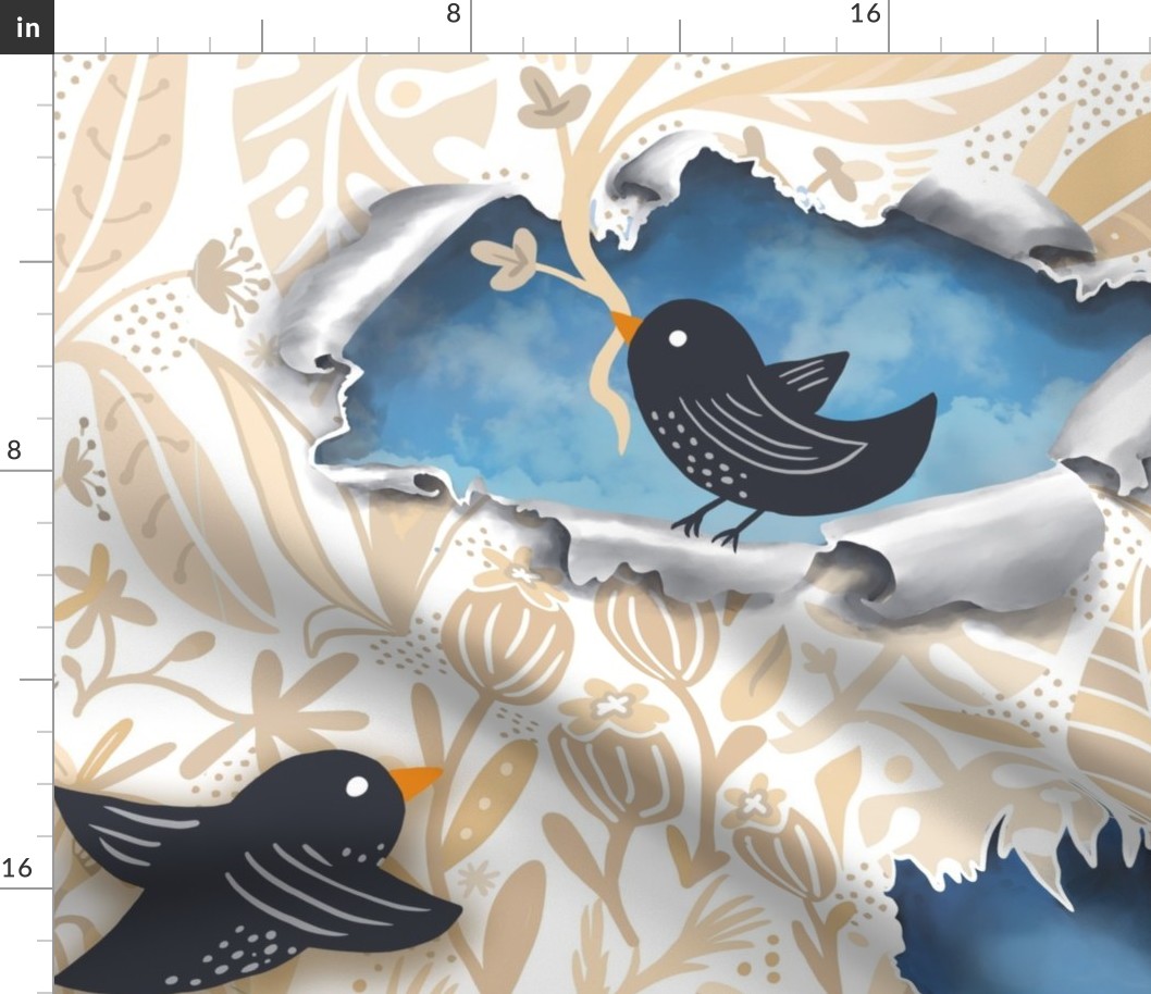 surreal bird break through taupe wallpaper scale