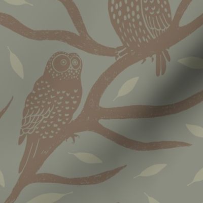 Block print pattern of owls branches and leaves on a winter blue background. (Medium)