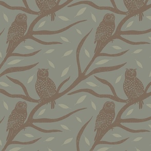 Block print pattern of owls branches and leaves on a winter blue background. (Medium)