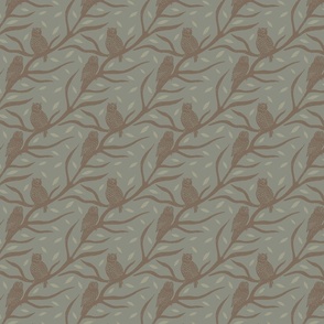 Bock print pattern of owls branches and leaves on a winter blue background. (Small)