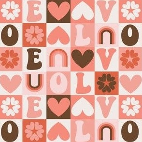 Geometric Valentines Day Love checkerboard in pinks and brown
