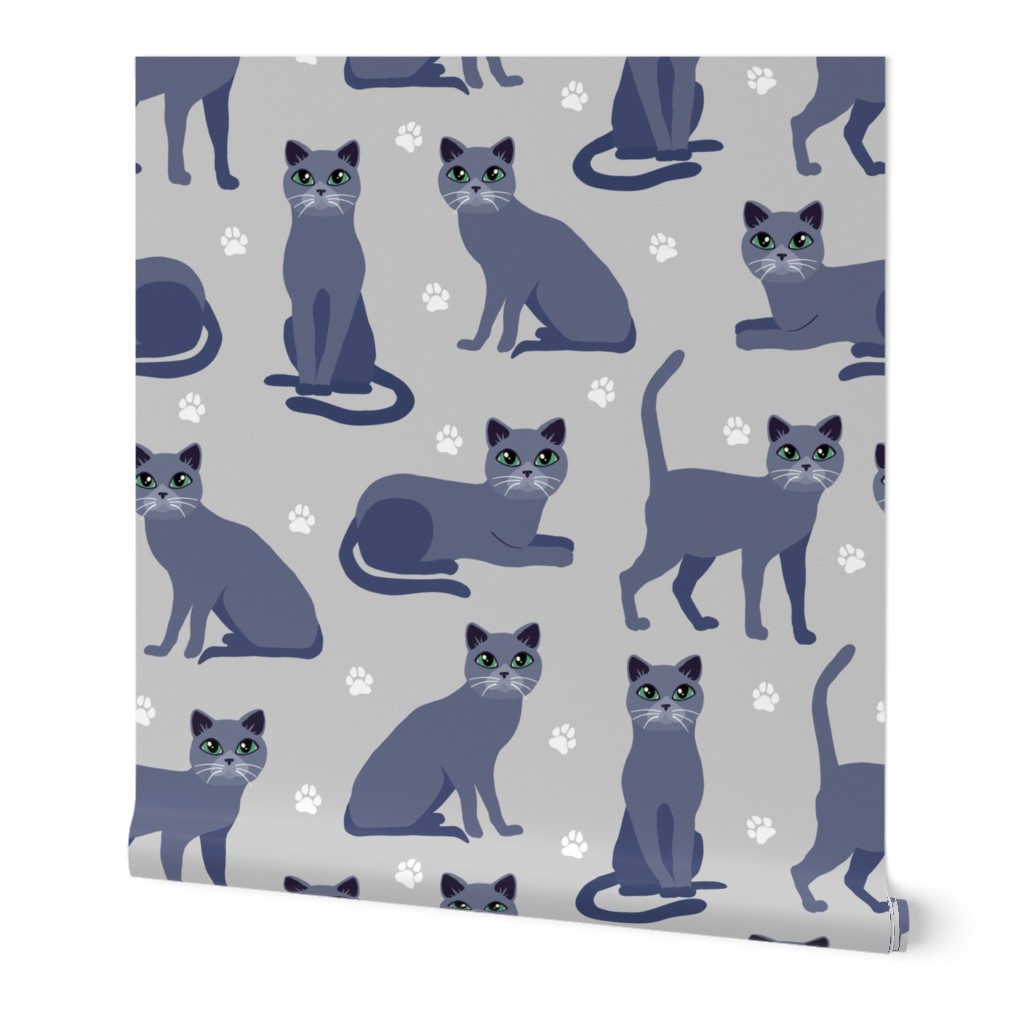 Russian Blue Cats with Paw Prints Gray