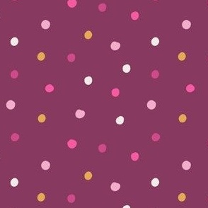 Cute Valentine polka dots in pink, white and yellow on plum purple