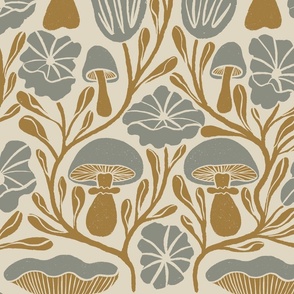 Block print style pattern of blue and gold mushrooms, flowers and leaves on a cream background. (Large)