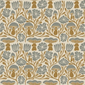 Block print style pattern of blue and gold mushrooms, flowers and leaves on a cream background. (Medium)