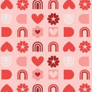 Geometric Valentines Day  shapes, hearts, rainbows in pink and red