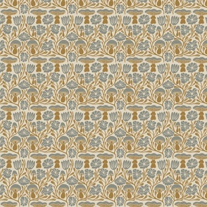 Block print style pattern of blue and gold mushrooms, flowers and leaves on a cream background. (Small)