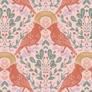 Hand-Drawn Winter Cardinal Birds with Suns in Multi Colors on a Blush Pink Ground Color_Small