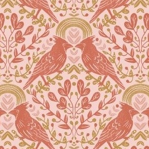 Hand-Drawn Winter Cardinal Birds with Suns in Red, Pink and Gold on a Blush Pink Ground Color_Small