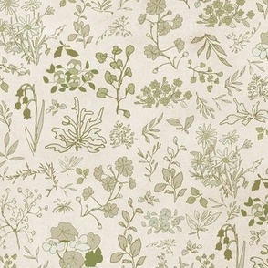 A sweet and nostalgic pattern of small wildflowers in olive and light green