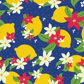 Lemons and Orchids on Blue Background