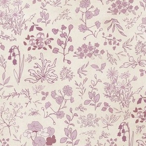 A sweet and nostalgic pattern of small wildflowers in mauve and lilac