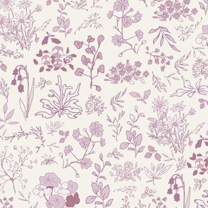 A sweet and nostalgic pattern of small wildflowers in mauve and lilac