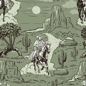 vintage retro western cowboy toile , western wallpaper sage large scale