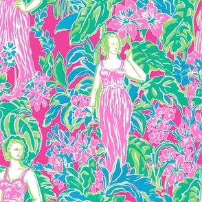 Garden Gala – Pink/Green on Raspberry Pink Wallpaper 