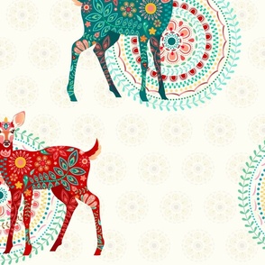 Floral Fawns in Holiday Red and Green on Cream - XL