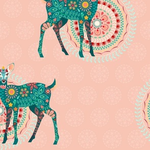 Floral Fawns in Green on Coral - XL