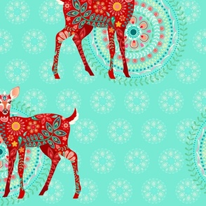 Floral Fawns in Holiday Red on Mint Green - XL