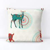 Floral Fawns in Holiday Red and Green on Cream - Large