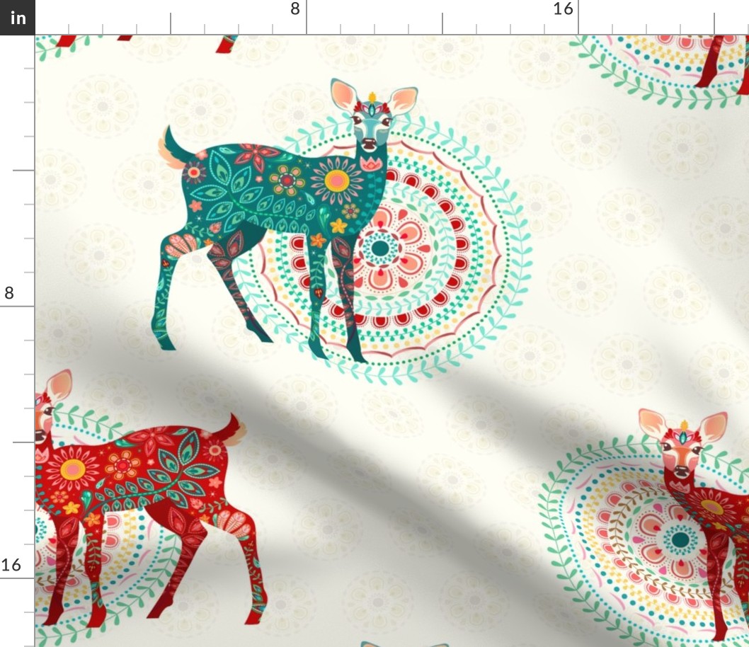 Floral Fawns in Holiday Red and Green on Cream - Large