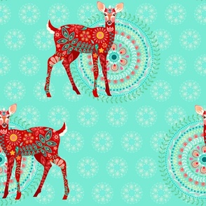 Floral Fawns in Holiday Red on Mint Green - Large