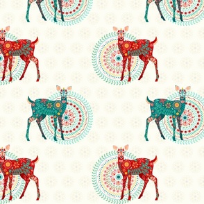 Floral Fawns in Holiday Red and Green on Cream - Medium