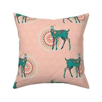 Floral Fawns in Green on Coral - Medium