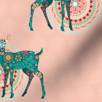 Floral Fawns in Green on Coral - Medium