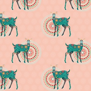 Floral Fawns in Green on Coral - Medium