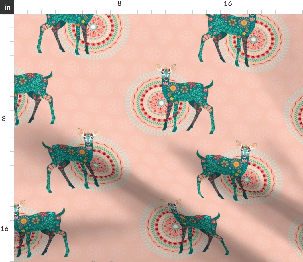 Floral Fawns in Green on Coral - Medium