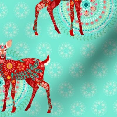 Floral Fawns in Holiday Red on Mint Green - Medium