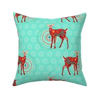 Floral Fawns in Holiday Red on Mint Green - Medium