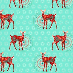 Floral Fawns in Holiday Red on Mint Green - Medium