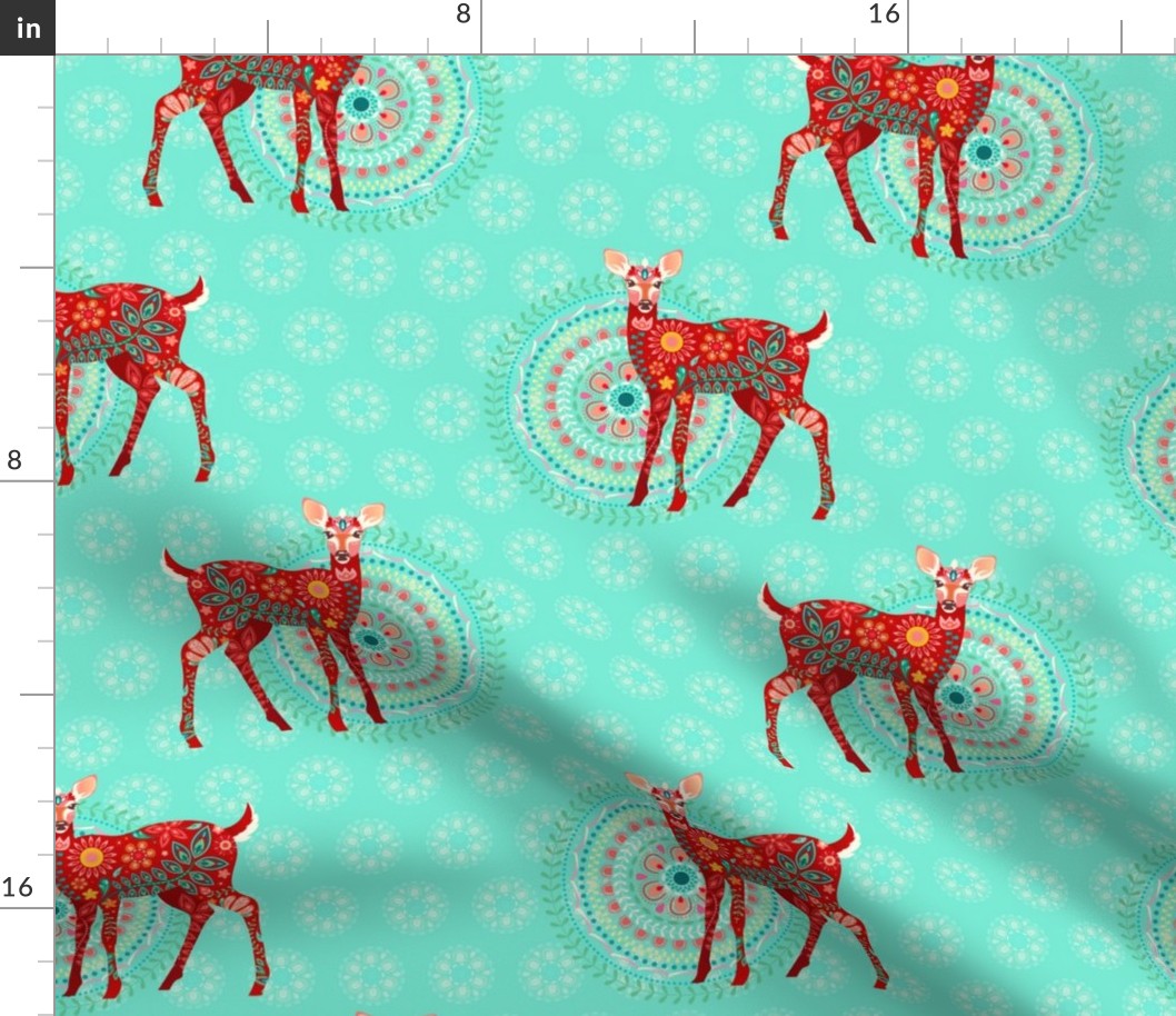 Floral Fawns in Holiday Red on Mint Green - Medium