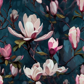 Magnificent Pink Magnolias - on Blue - Abstract - New