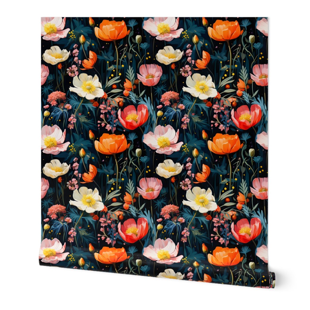 Mystic Meadow Blooms – Corals/Black Wallpaper - New 