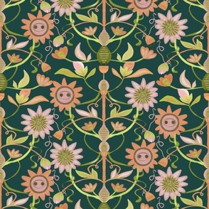  Seamless design in green-orange shades with flowers and electricity in surrealism. 