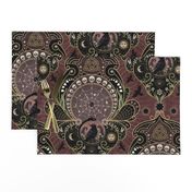 Whimsigothic maximalist claret art nouveau damask - spider, ravens, ouroboros, skulls, sun and moon -  large