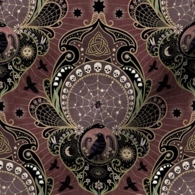 Whimsigothic maximalist claret art nouveau damask - spider, ravens, ouroboros, skulls, sun and moon - medium