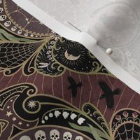 Whimsigothic maximalist claret art nouveau damask - spider, ravens, ouroboros, skulls, sun and moon - medium