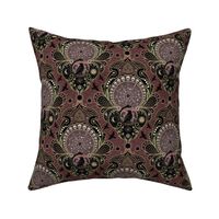 Whimsigothic maximalist claret art nouveau damask - spider, ravens, ouroboros, skulls, sun and moon - medium