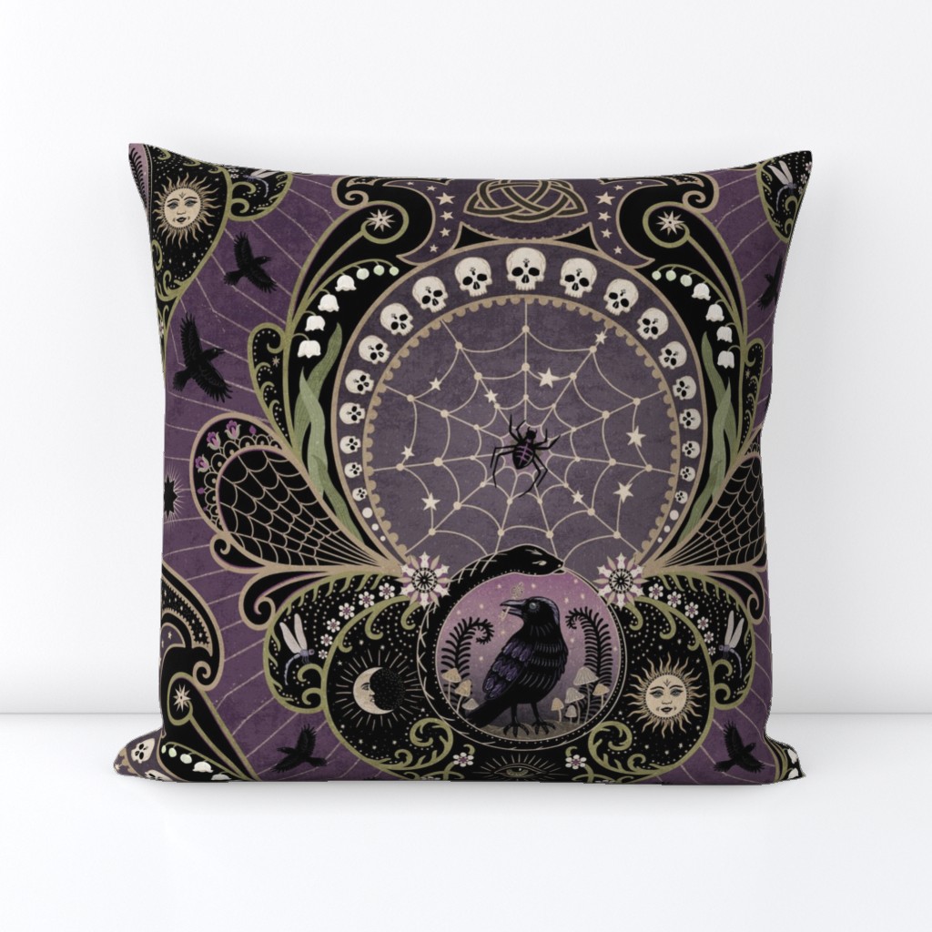 Whimsigothic maximalist purple art nouveau damask - spider, ravens, ouroboros, skulls, sun and moon - extra large