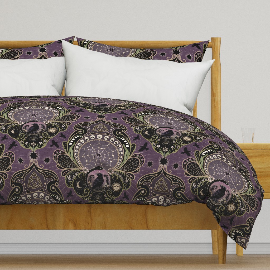 Whimsigothic maximalist purple art nouveau damask - spider, ravens, ouroboros, skulls, sun and moon - extra large
