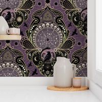 Whimsigothic maximalist purple art nouveau damask - spider, ravens, ouroboros, skulls, sun and moon - extra large