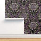 Whimsigothic maximalist purple art nouveau damask - spider, ravens, ouroboros, skulls, sun and moon - extra large