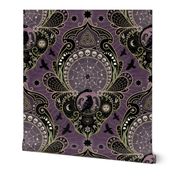 Whimsigothic maximalist purple art nouveau damask - spider, ravens, ouroboros, skulls, sun and moon - extra large