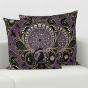 Whimsigothic maximalist purple art nouveau damask - spider, ravens, ouroboros, skulls, sun and moon - extra large