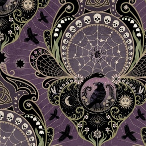 Whimsigothic maximalist purple art nouveau damask - spider, ravens, ouroboros, skulls, sun and moon - extra large